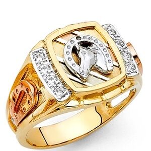 New Real 15mm large 14k Tri Color Solid Gold Horse Shoe Band Ring